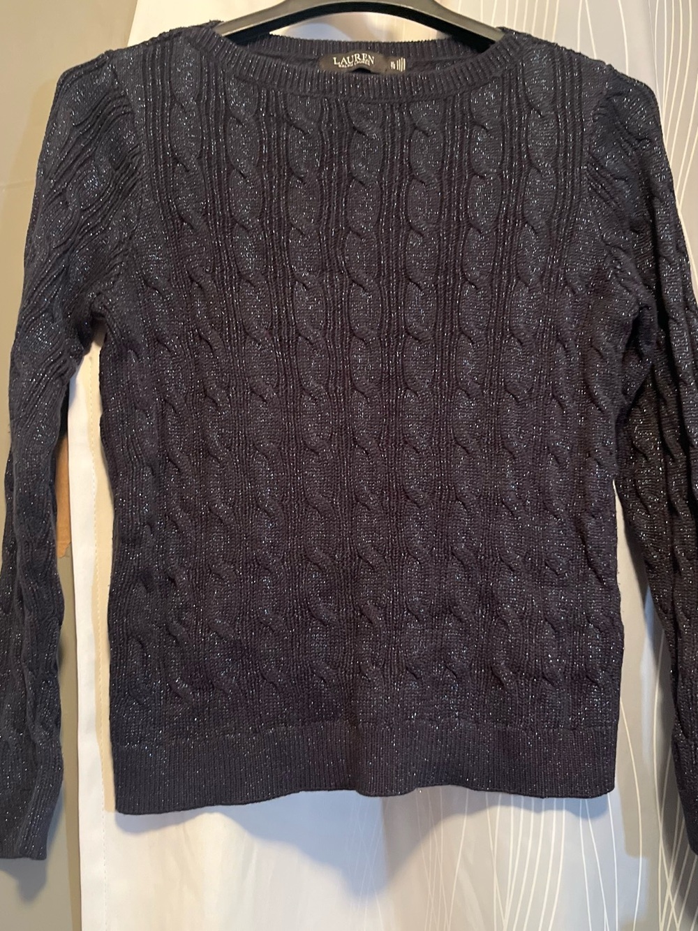 Lauren Ralph Lauren Sweater Blue Metallic Shimmer Cotton Cable Knit Crewneck